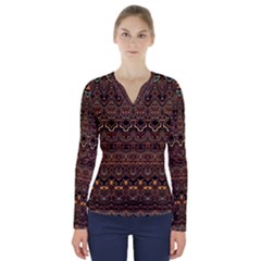 Boho Brown Gold V-neck Long Sleeve Top by SpinnyChairDesigns