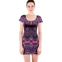 Boho Magenta Black Pattern Short Sleeve Bodycon Dress by SpinnyChairDesigns