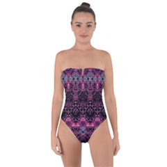 Boho Magenta Black Pattern Tie Back One Piece Swimsuit by SpinnyChairDesigns