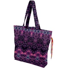 Boho Magenta Black Pattern Drawstring Tote Bag by SpinnyChairDesigns