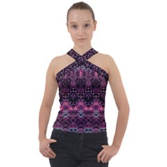 Boho Magenta Black Pattern Cross Neck Velour Top by SpinnyChairDesigns