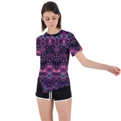 Boho Magenta Black Pattern Asymmetrical Short Sleeve Sports Tee by SpinnyChairDesigns