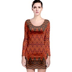 Boho Rust Orange Brown Pattern Long Sleeve Bodycon Dress