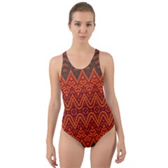 Boho Rust Orange Brown Pattern Cut-Out Back One Piece Swimsuit