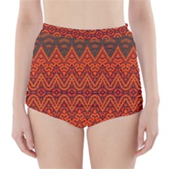 Boho Rust Orange Brown Pattern High-waisted Bikini Bottoms by SpinnyChairDesigns