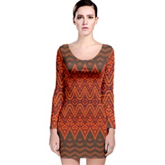 Boho Rust Orange Brown Pattern Long Sleeve Velvet Bodycon Dress