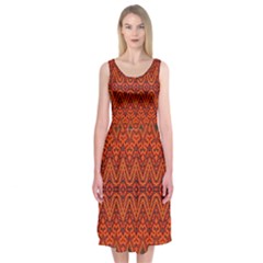 Boho Rust Orange Brown Pattern Midi Sleeveless Dress