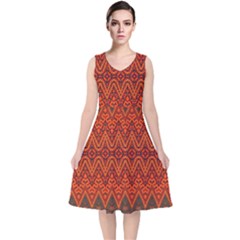 Boho Rust Orange Brown Pattern V-Neck Midi Sleeveless Dress 