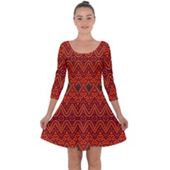 Boho Rust Orange Brown Pattern Quarter Sleeve Skater Dress