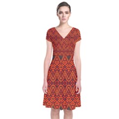 Boho Rust Orange Brown Pattern Short Sleeve Front Wrap Dress