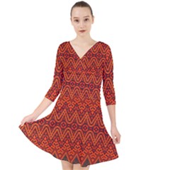 Boho Rust Orange Brown Pattern Quarter Sleeve Front Wrap Dress