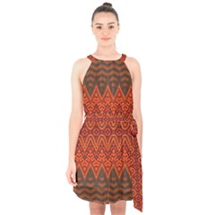 Boho Rust Orange Brown Pattern Halter Collar Waist Tie Chiffon Dress