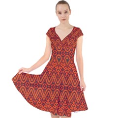 Boho Rust Orange Brown Pattern Cap Sleeve Front Wrap Midi Dress