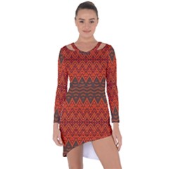 Boho Rust Orange Brown Pattern Asymmetric Cut-Out Shift Dress