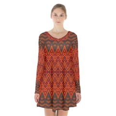 Boho Rust Orange Brown Pattern Long Sleeve Velvet V-neck Dress