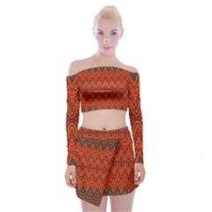 Boho Rust Orange Brown Pattern Off Shoulder Top with Mini Skirt Set