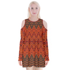 Boho Rust Orange Brown Pattern Velvet Long Sleeve Shoulder Cutout Dress