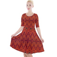 Boho Rust Orange Brown Pattern Quarter Sleeve A-Line Dress