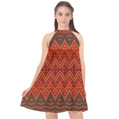 Boho Rust Orange Brown Pattern Halter Neckline Chiffon Dress 