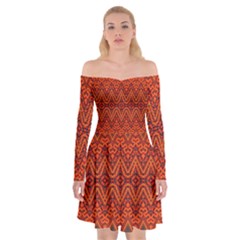 Boho Rust Orange Brown Pattern Off Shoulder Skater Dress