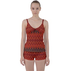 Boho Rust Orange Brown Pattern Tie Front Two Piece Tankini