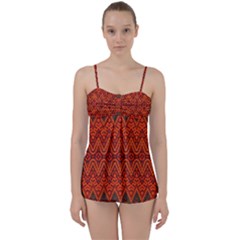 Boho Rust Orange Brown Pattern Babydoll Tankini Set by SpinnyChairDesigns