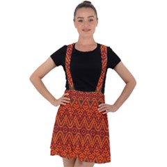 Boho Rust Orange Brown Pattern Velvet Suspender Skater Skirt