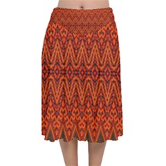 Boho Rust Orange Brown Pattern Velvet Flared Midi Skirt