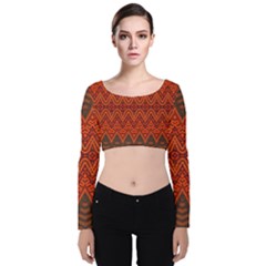 Boho Rust Orange Brown Pattern Velvet Long Sleeve Crop Top