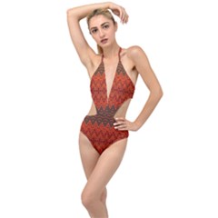 Boho Rust Orange Brown Pattern Plunging Cut Out Swimsuit