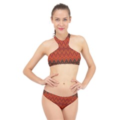 Boho Rust Orange Brown Pattern High Neck Bikini Set