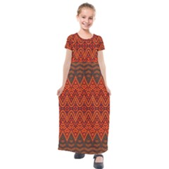 Boho Rust Orange Brown Pattern Kids  Short Sleeve Maxi Dress