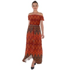 Boho Rust Orange Brown Pattern Off Shoulder Open Front Chiffon Dress