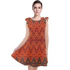 Boho Rust Orange Brown Pattern Tie Up Tunic Dress