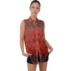 Boho Rust Orange Brown Pattern Sleeveless Chiffon Button Shirt