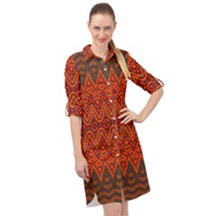 Boho Rust Orange Brown Pattern Long Sleeve Mini Shirt Dress