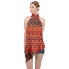 Boho Rust Orange Brown Pattern Halter Asymmetric Satin Top