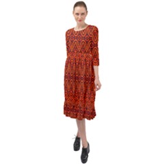 Boho Rust Orange Brown Pattern Ruffle End Midi Chiffon Dress