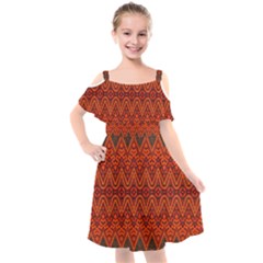 Boho Rust Orange Brown Pattern Kids  Cut Out Shoulders Chiffon Dress