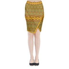 Boho Old Gold Pattern Midi Wrap Pencil Skirt by SpinnyChairDesigns