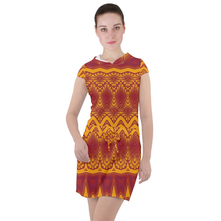 Boho Red Gold Pattern Drawstring Hooded Dress