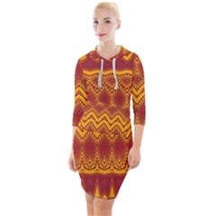 Boho Red Gold Pattern Quarter Sleeve Hood Bodycon Dress by SpinnyChairDesigns
