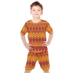 Boho Red Gold Pattern Kids  Tee And Shorts Set by SpinnyChairDesigns