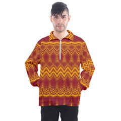 Boho Red Gold Pattern Men s Half Zip Pullover by SpinnyChairDesigns