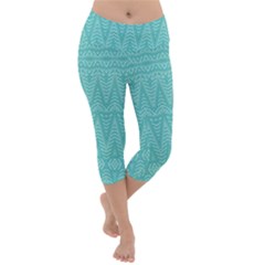 Boho Teal Pattern Lightweight Velour Capri Yoga Leggings by SpinnyChairDesigns