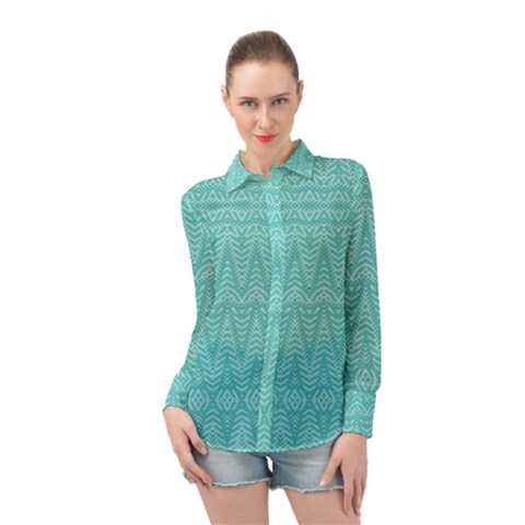 Boho Teal Pattern Long Sleeve Chiffon Shirt by SpinnyChairDesigns