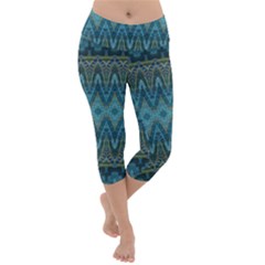 Boho Teal Blue Pattern Lightweight Velour Capri Yoga Leggings by SpinnyChairDesigns