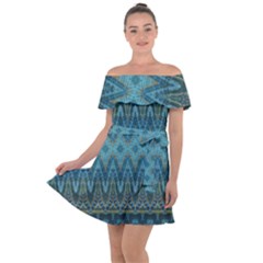 Boho Teal Blue Pattern Off Shoulder Velour Dress by SpinnyChairDesigns