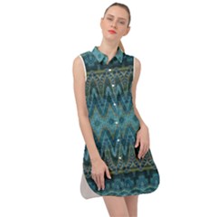 Boho Teal Blue Pattern Sleeveless Shirt Dress by SpinnyChairDesigns