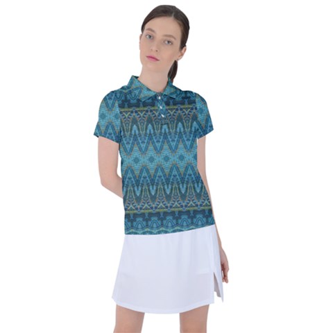 Boho Teal Blue Pattern Women s Polo Tee by SpinnyChairDesigns